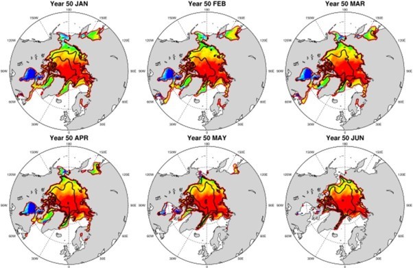 Relative abundance of positively buoyant microplastics in Arctic sea ice to global average microplastic concentration (50th year of integration). Contours of sea ice thickness, in black, are also shown at 1-m interval (Mountford and Morales Maqueda, 2021).